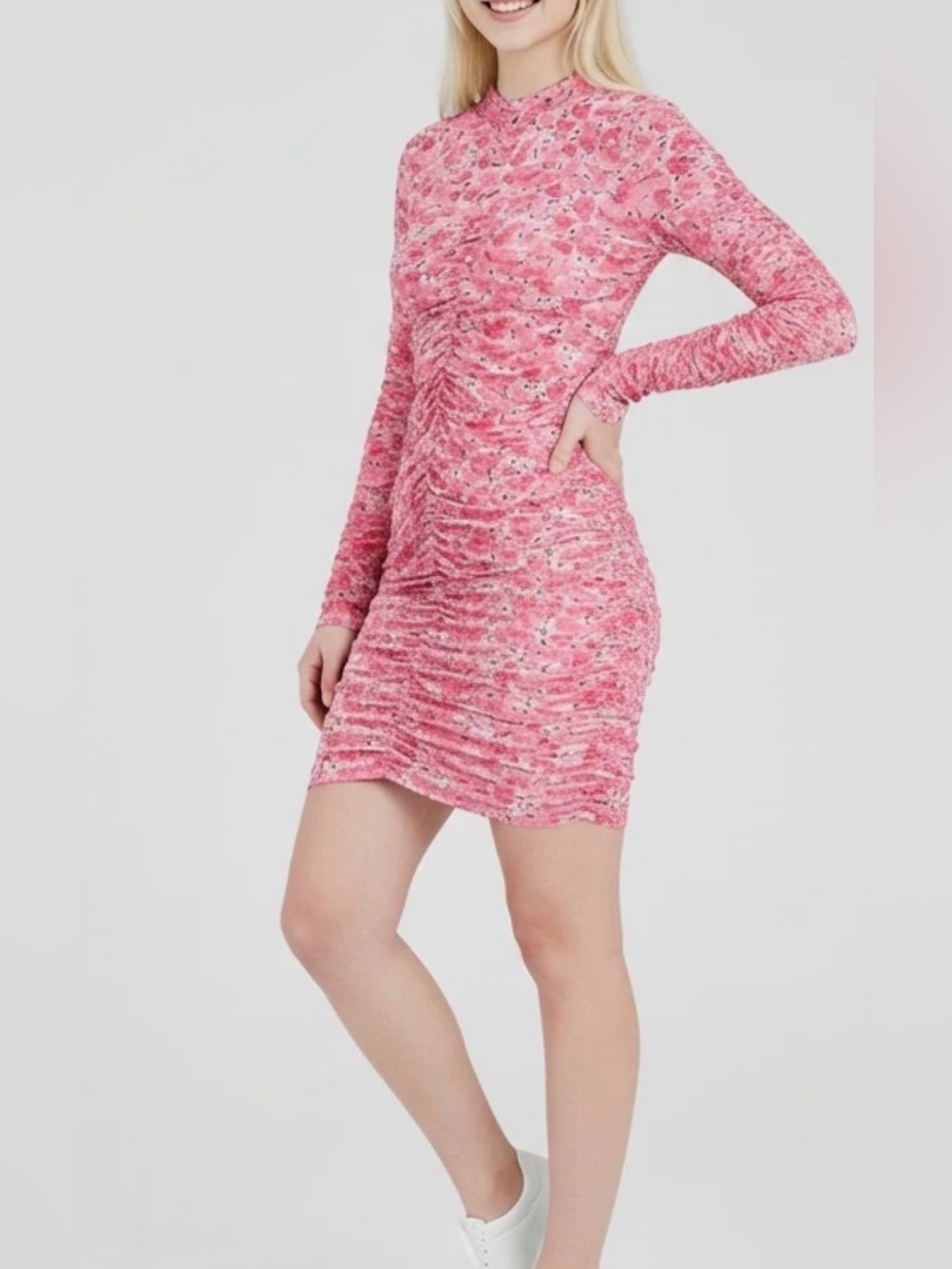Almost Famous Pink Floral Printed Long-Sleeve Ruched Mesh Dress L